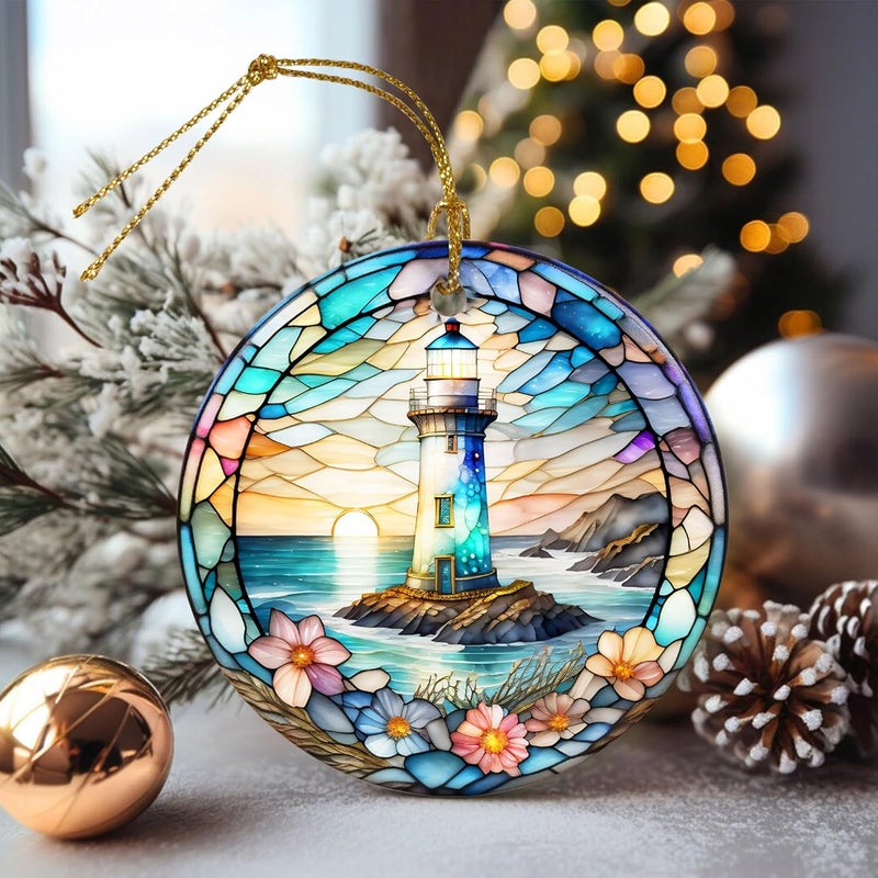 Touber Stained Ceramic Lighthouse Ornament - Christmas Tree Ornaments - Christmas Decorations - Lighthouse Decor for Office, Room, Home - Holiday Present Ideas - Image 4